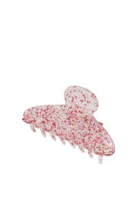 Fermaglio per capelli rosa glitterato con design trasparente; presenta piccole particelle colorate e una forma curvata con numerosi denti interconnessi per una presa sicura.