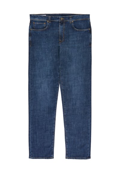 Dark blue denim jeans with front button, zipper, belt loops, and five-pocket design laid flat on a white background.