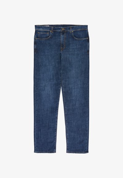 Dark blue denim jeans with front button, zipper, belt loops, and five-pocket design laid flat on a white background.