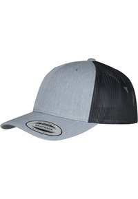 Gray snapback cap with a solid front and black mesh back, featuring a curved bill and a circular logo patch on the front.