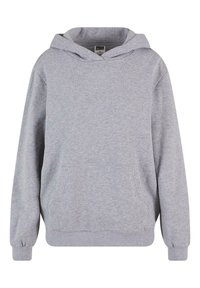 Felpa grigia con cappuccio in tessuto morbido, dotata di tasca frontale e polsini a costine. Il design presenta una vestibilità classica e un collo semplice.