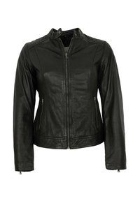 Schwarze Lederjacke mit hohem Kragen, Reißverschluss und Seitentaschen. Mit vertikalen Nahtdetails und langen Ärmeln.