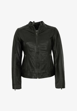 Schwarze Lederjacke mit hohem Kragen, Reißverschluss und Seitentaschen. Mit vertikalen Nahtdetails und langen Ärmeln.