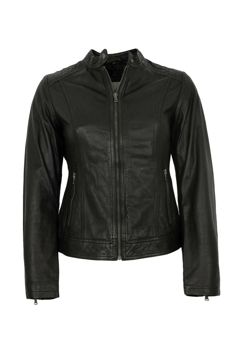 Schwarze Lederjacke mit hohem Kragen, Reißverschluss und Seitentaschen. Mit vertikalen Nahtdetails und langen Ärmeln.