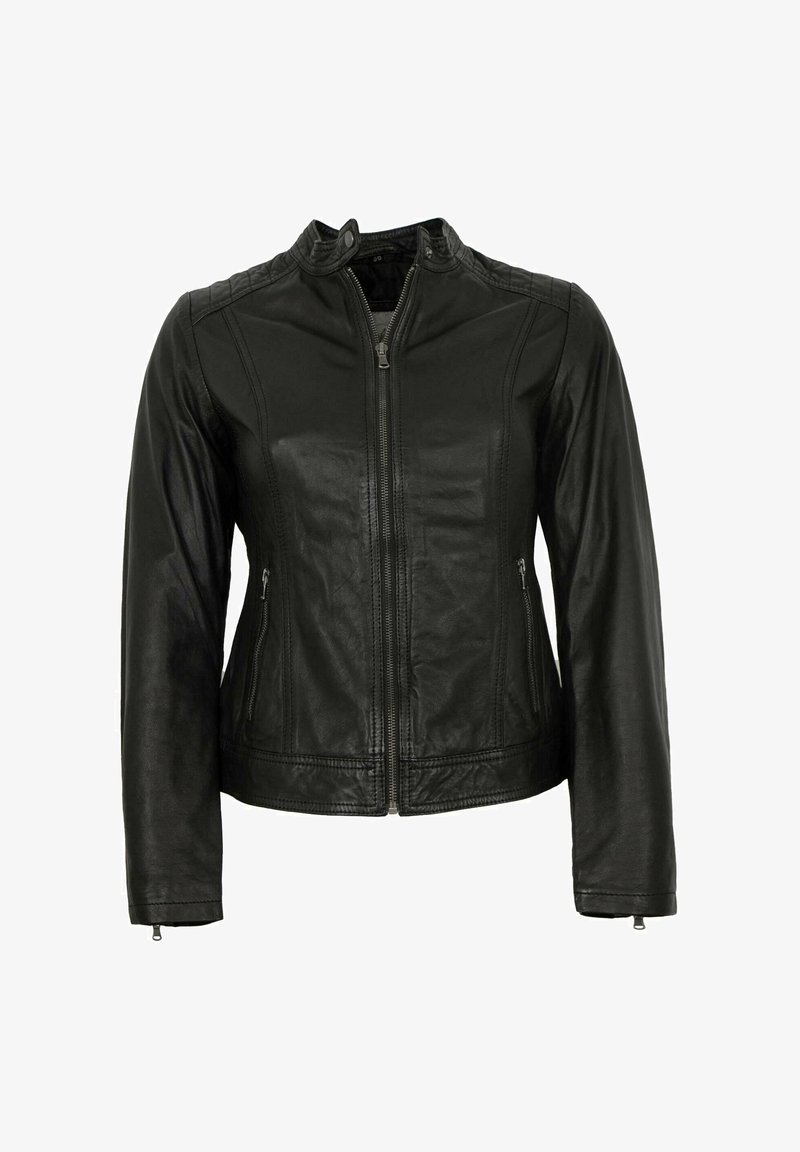 Schwarze Lederjacke mit hohem Kragen, Reißverschluss und Seitentaschen. Mit vertikalen Nahtdetails und langen Ärmeln.