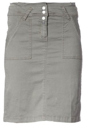 Gray knee-length skirt with front pockets, belt loops, and three silver buttons at the waistband.