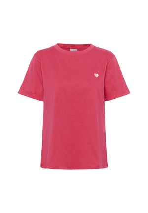 Pink short-sleeve t-shirt made of cotton. Features a small white heart emblem on the left chest. Relaxed fit and crew neck design.