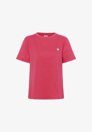 Pink short-sleeve t-shirt made of cotton. Features a small white heart emblem on the left chest. Relaxed fit and crew neck design.