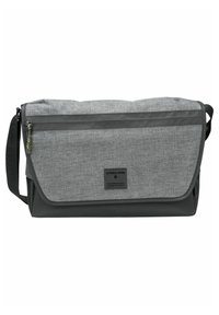 Grå og sort stof messenger taske med front lynlås lomme, klap lukning, justerbar sort skulderrem og lille rektangulært logo patch.