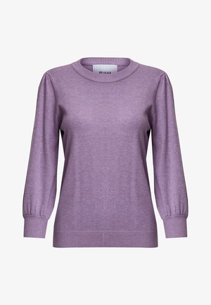 Lavender pullover sweater with a round neckline, ribbed cuffs, and hem. Soft texture with slightly puffed sleeves, made from knit fabric.
