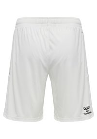 Shorts de sport blancs en tissu léger, dotés d'une taille élastique. Logo Hummel noir en bas à droite.