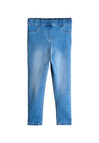 Svetle modré denimové legíny s elastickým pasem, které mají dvě přední kapsy a hladkou textura. Užitkový design s rovnými nohavicemi.