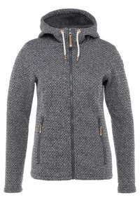 Giacca con cappuccio in pile con motivo pied de poule in grigio e nero, dotata di due tasche con zip e cerniera frontale con tiralampo in pelle.