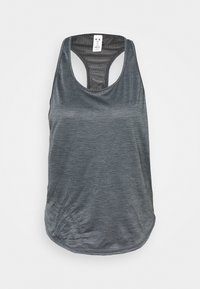 Graues sportliches Tanktop mit einem atmungsaktiven Netzrücken, abgerundetem Saum und strukturiertem Stoff, geeignet für Sportbekleidung. Verfügt über ein Racerback-Design.