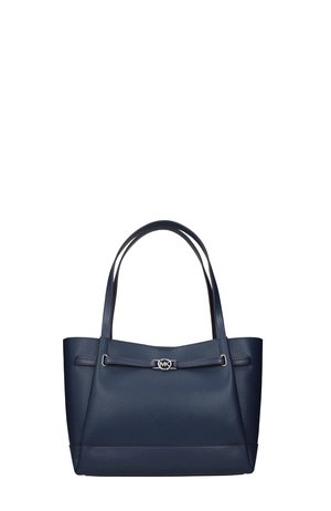 Borsa a mano in pelle blu navy con doppi manici e una piccola chiusura logo argentata al centro davanti.