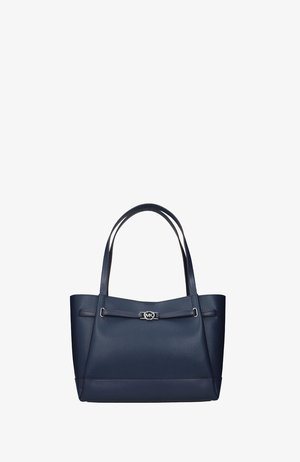 Sac fourre-tout en cuir bleu marine avec doubles bretelles et petit fermoir logo argenté au centre devant.