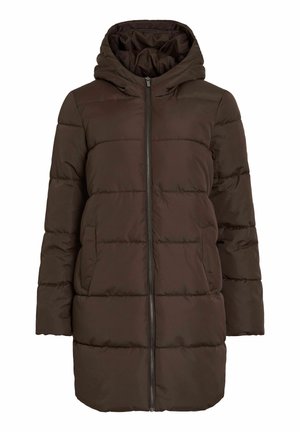 Braune gepolsterte Jacke mit Kapuze, senkrechtem Steppdesign, vorderem Reißverschluss und Seitentaschen. Glatte Textur und mittellanger Schnitt.