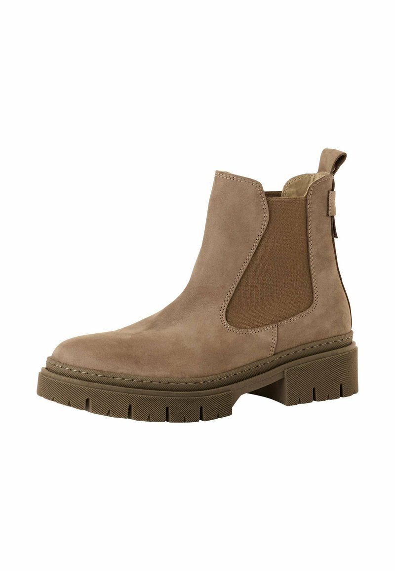 Beżowe zamszowe botki za kostkę z elastycznymi panelami bocznymi, masywną gumową podeszwą i uchwytem z tyłu dla łatwego wkładania.