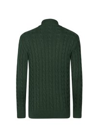 Donkergroene kabelgebreide trui met een hoge kraag en geribbelde manchetten. Het textuurpatroon bevat verhoogde, draaiende kabels.