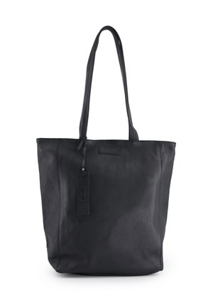 Schwarze Leder-Tote mit strukturiertem Finish, zwei langen Trägern und rechteckiger Form. Verfügt über ein Markenetikett an der Seite.
