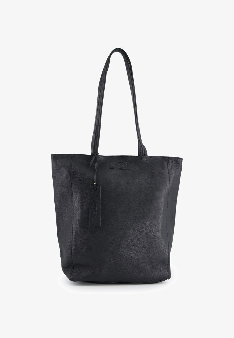 Black leather tote bag with a textured finish, two long straps, and a rectangular shape. Features a branded tag on the side.