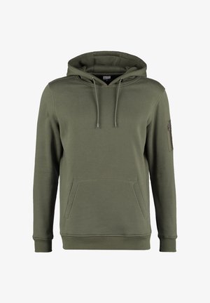 Olijfgroene hoodie van zacht materiaal met een voorzak en een capuchon met koord. Voorzien van een ritszak op de linker mouw.