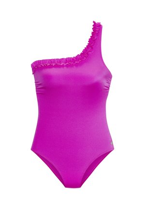 Felroze een-schouder badpak met ruches langs de halslijn en een klein rond metalen logo bij de heup.