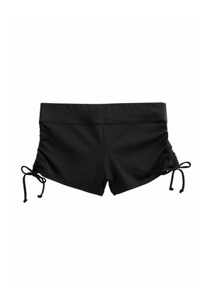 Pantaloni scurți de înot negri cu părți adunate și șnururi reglabile, având o talie lată și un design scurt și mulat.