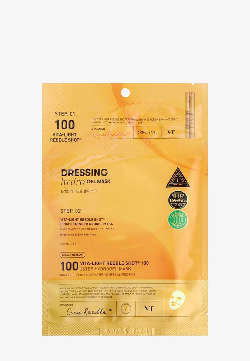 Vita-Light Reeedle Shot hydrogelmaskpack med en ljusgul design. Innehåller två steg, med text och ikoner för appliceringsinstruktioner.