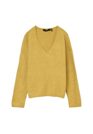 Pull en maille jaune moutarde à col en V et manches longues. Présente une coupe décontractée et des poignets et ourlet côtelés. Texture douce avec un design décontracté.