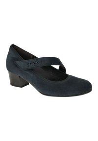 Décolleté Mary Jane in suede blu scuro, con punta rotonda, tacco a blocco piccolo e una sola cintura regolabile con borchie decorative.