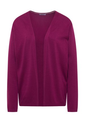 Cárdigan morado oscuro de frente abierto con mangas largas y un tejido simple y liso.