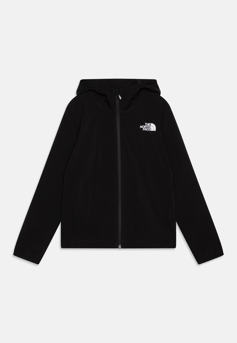 Felpa nera con zip, dotata di cappuccio, realizzata in materiale morbido, con due tasche frontali e un logo bianco sul lato sinistro in alto.