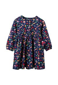 Granatowa sukienka w kwiatowy wzór, z różowymi, żółtymi i zielonymi kwiatami. Długie rękawy, okrągły dekolt oraz zapięcie na guziki z przodu.