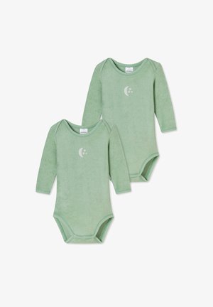 Grüne Langarmbodysuits aus weichem Stoff. Mit einem grafischen Motiv von einem Halbmond und Sternen. Enthält Druckknöpfe am Boden.