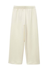Pantalons à jambes larges de couleur crème, fabriqués en coton doux, avec une taille élastique et une texture lisse sans motifs ni accents.