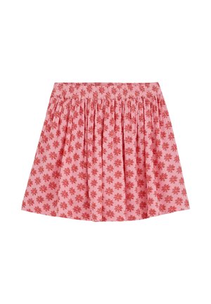 Roosa voltseelikuga seelik punaste lillemustritega, millel on elastne vöökoht, asetatud valgele taustale.