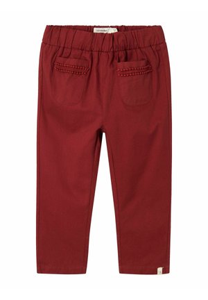 Pantalones de algodón burdeos con cintura elástica, dos bolsillos traseros con costuras decorativas y diseño de pierna recta.