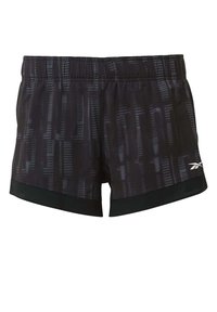 Short de sport noir avec un motif de rayures abstraites gris foncé et une taille élastique, avec un petit logo blanc sur la partie inférieure de la jambe droite.