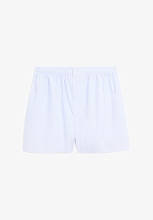 Lichtblauwe katoenen boxershorts met een elastische tailleband, voorzien van twee knopen aan de voorkant en een relaxte pasvorm. Glad textuur en eenvoudig ontwerp.
