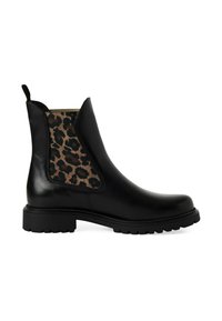 Stivale alla caviglia in pelle nera con pannello laterale in stampa leopardata, suola spessa nera e linguetta per indossarlo facilmente. Texture liscia, design elegante.