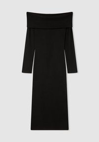 Vestito nero off-the-shoulder con maniche lunghe, textura a coste, design aderente e lunghezza fino al pavimento. Nessun motivo visibile o dettagli in metallo.