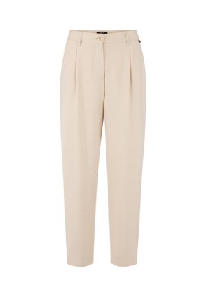 Beige high-waist tailored trousers with front pleats, button closure, belt loops, and tapered legs on a white background.