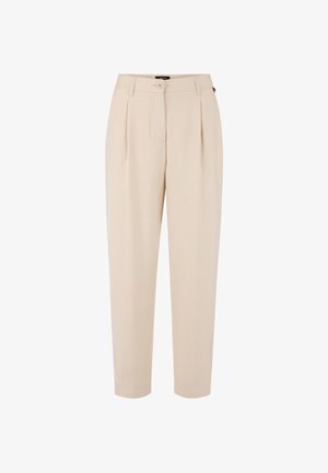 Beige high-waist tailored trousers with front pleats, button closure, belt loops, and tapered legs on a white background.