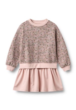 Langærmet lyserød kjole med blomstret mønstret top og ensfarvet lyserød samlet nederdel, ribstrikkede manchetter, halsudskæring og taljebånd.