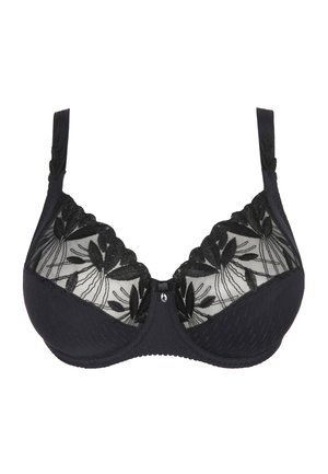 Soutien-gorge noir avec des panneaux en dentelle à motifs floraux, des bonnets moulés, des bretelles réglables et un fermoir décoratif au centre.