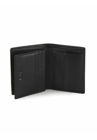 Cartera de cuero negro con un diseño bifold. Cuenta con múltiples ranuras para tarjetas y una textura suave, que muestra una fina costura y un detalle con el logo.