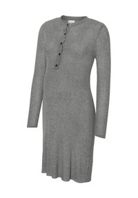 Siva rebrasta obleka za nosečnice z dolgimi rokavi, gumbasto henley ovratnikom in sproščenim krojem, primerna za udobje med nosečnostjo.