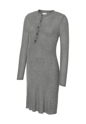 Pelēka rūpnieciskā grūtniecības kleita ar garām piedurknēm, pogātām henley apkaklēm un brīvu piegriezumu, kas ir piemērota komfortam grūtniecības laikā.