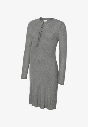 Pelēka rūpnieciskā grūtniecības kleita ar garām piedurknēm, pogātām henley apkaklēm un brīvu piegriezumu, kas ir piemērota komfortam grūtniecības laikā.